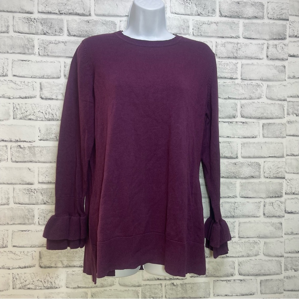 Isaac MIZRAHI Live! Crew Neck Ruffle Bell Sleeve Tunic Plum Color Sweater Medium